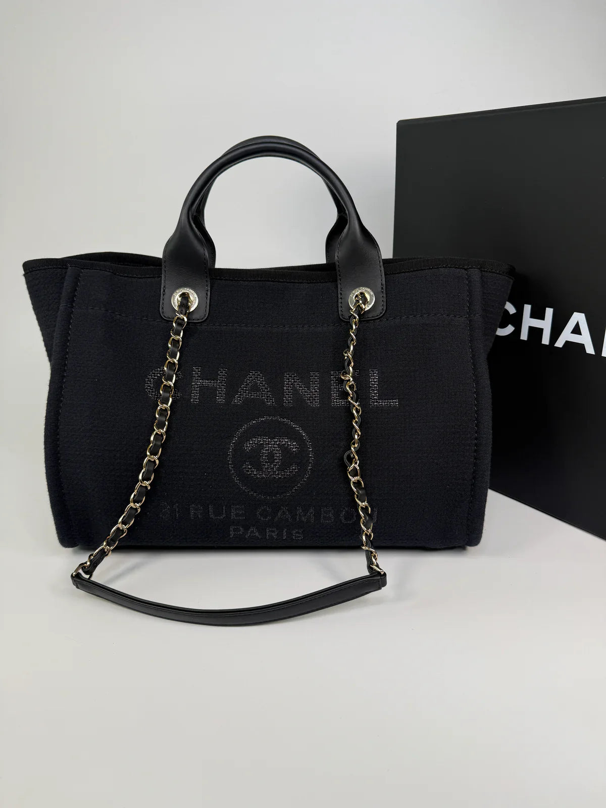 CHANEL SMALL DEAUVILLE TOTE BAG IN BLACK WITH PALE GOLD HARDWARE