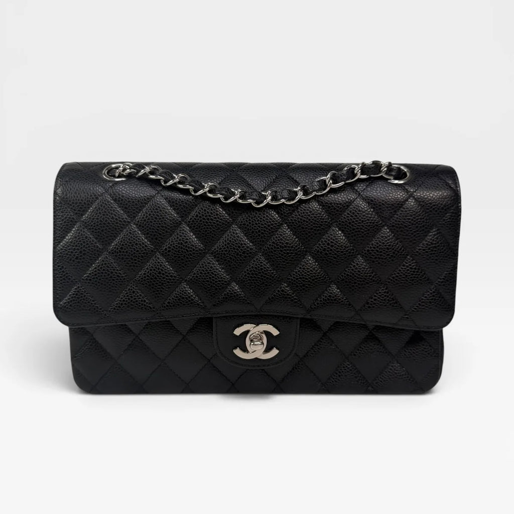 CHANEL VINTAGE MEDIUM CLASSIC DOUBLE FLAP BLACK CAVIAR SILVER HARDWARE