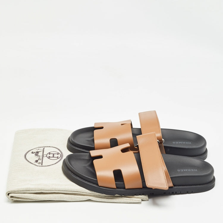 Hermes Brown Leather Chypre Flat Slides Size 39