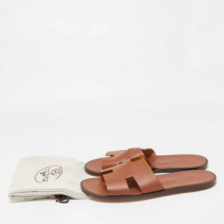 Hermes Brown Leather Izmir Slide Flats Size 47