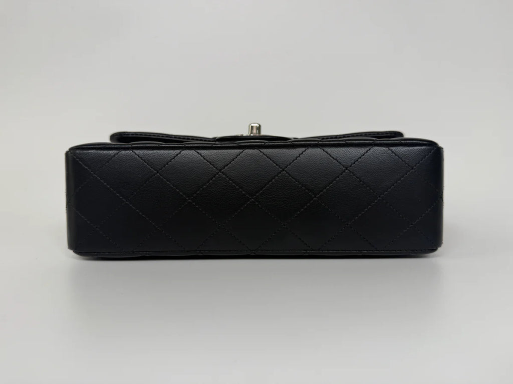 CHANEL SMALL CLASSIC DOUBLE FLAP IN BLACK LAMBSKIN LEATHER WITH SILVER HARDWARE