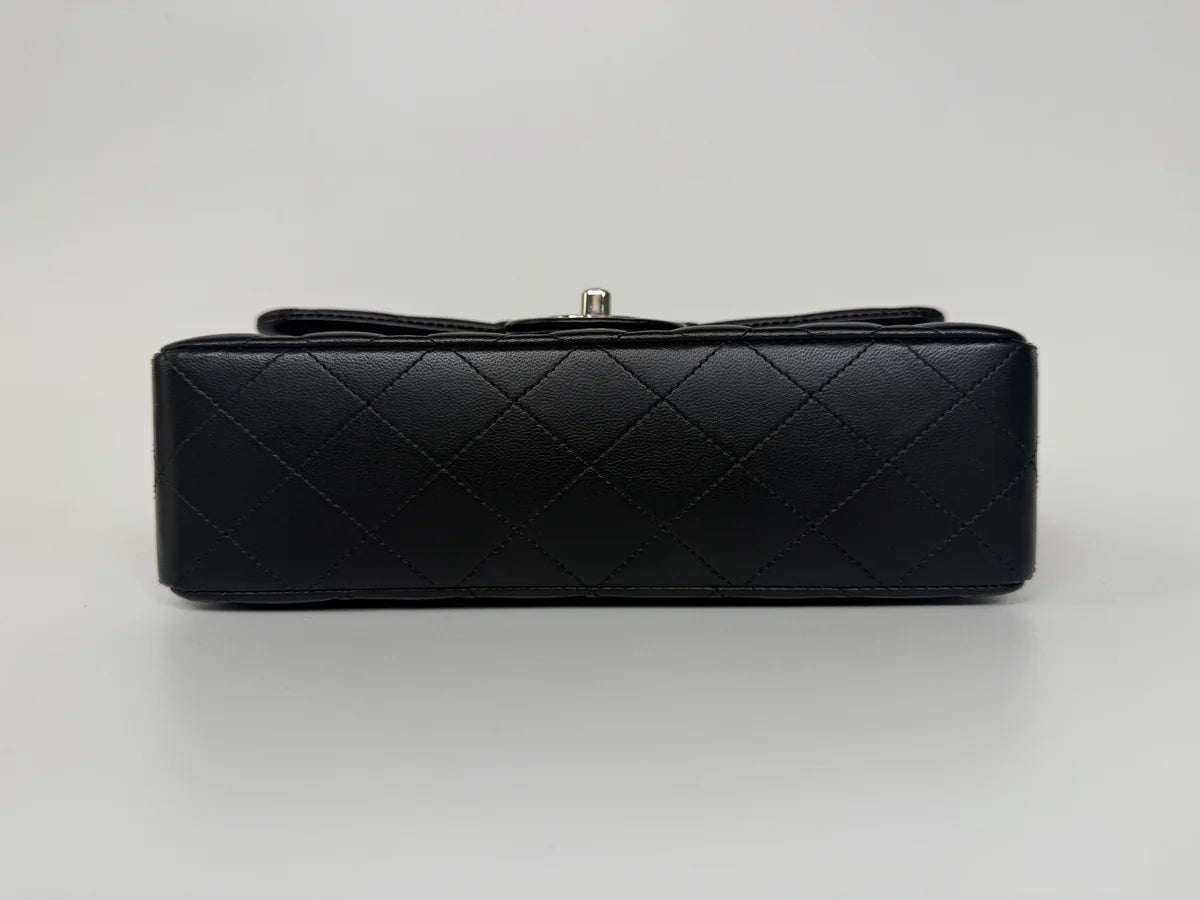 CHANEL SMALL CLASSIC DOUBLE FLAP IN BLACK LAMBSKIN LEATHER WITH SILVER HARDWARE