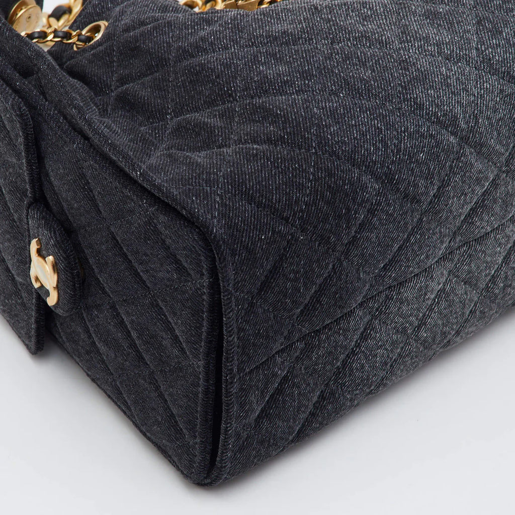 Chanel 25 Drawstring Black Quilted Denim Hobo