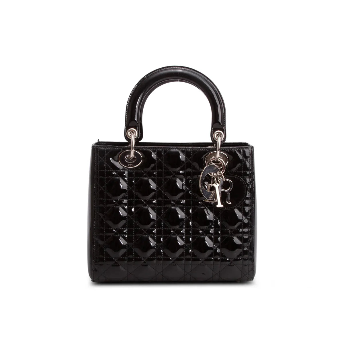 Christian Dior Black Cannage Patent Leather Medium Lady Dior Bag