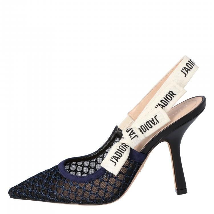 Dior Deep Blue Mesh Embroidered Ribbon J'Adior Slingback Pumps Size 38