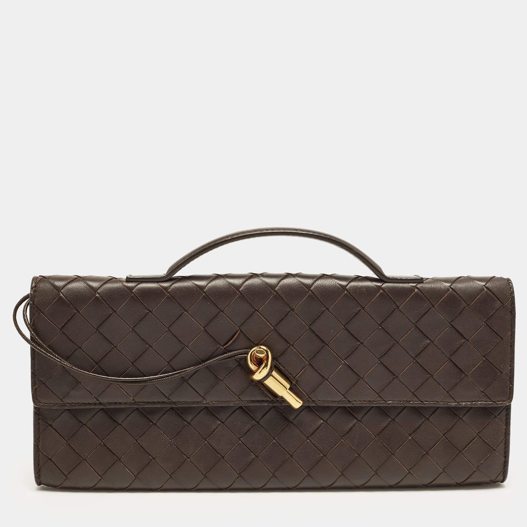 Bottega Veneta Andiamo Choco Brown Intrecciato Leather Clutch