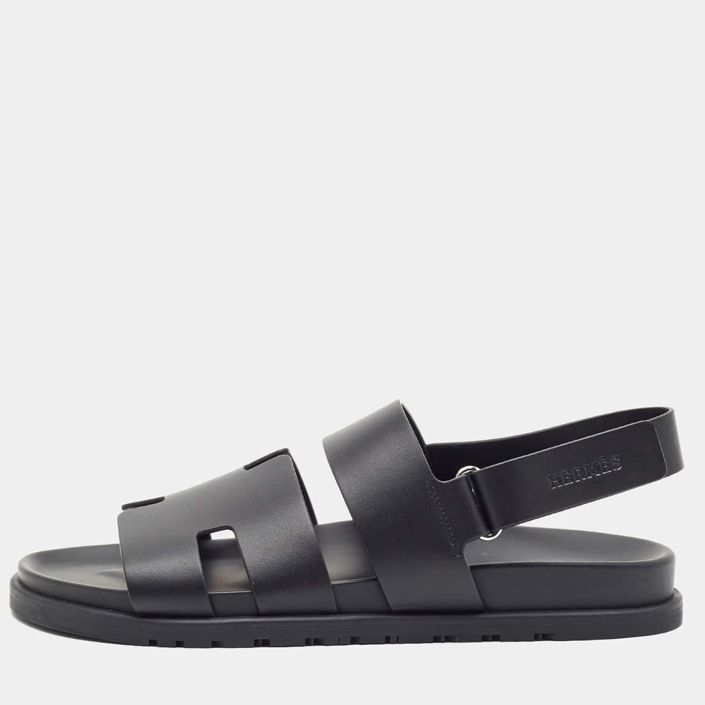 Hermes Genius Size 39 Black Leather Flat Sandals