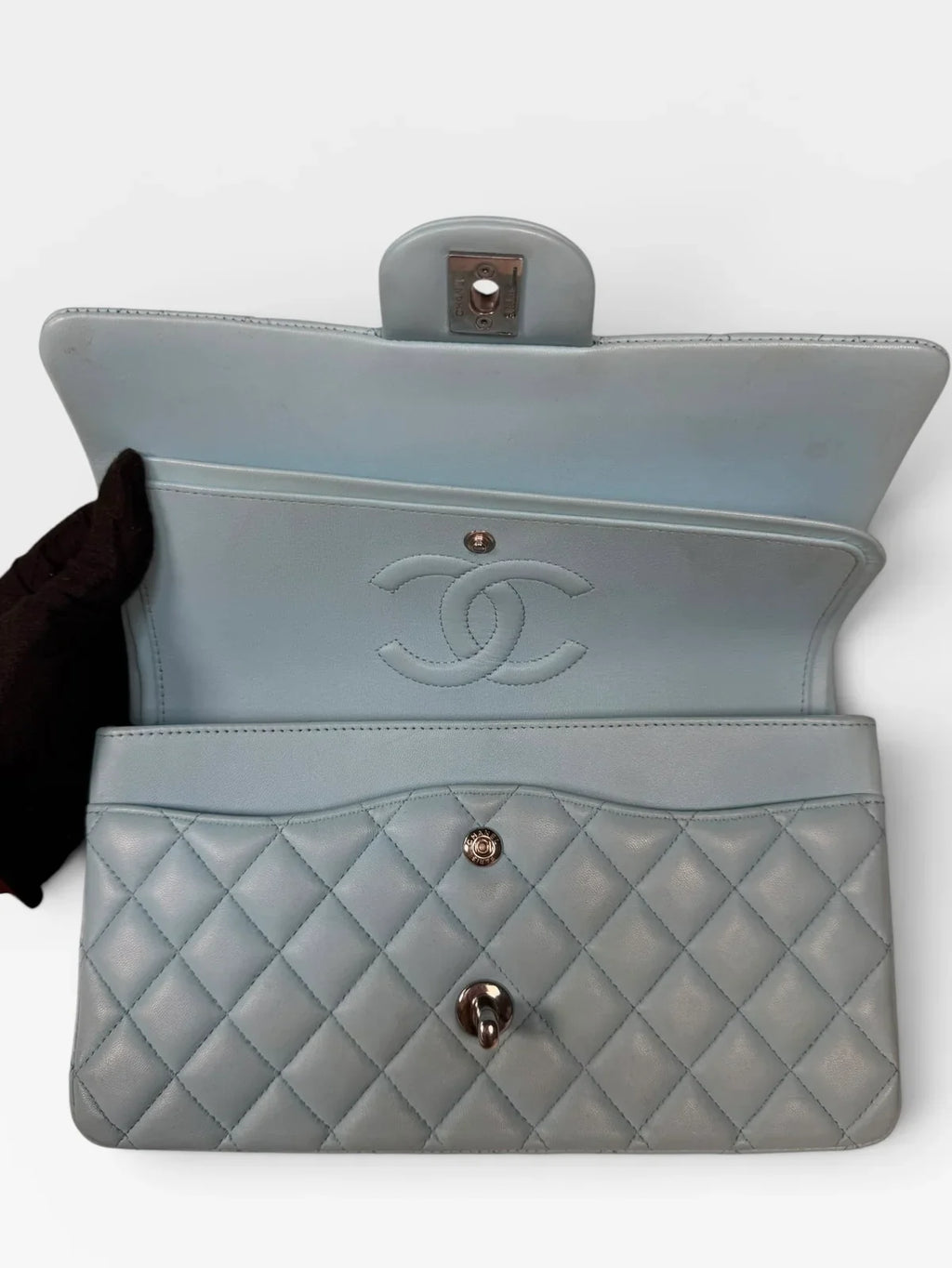 CHANEL MEDIUM DOUBLE CLASSIC FLAP LIGHT BLUE LAMBSKIN SILVER HARDWARE