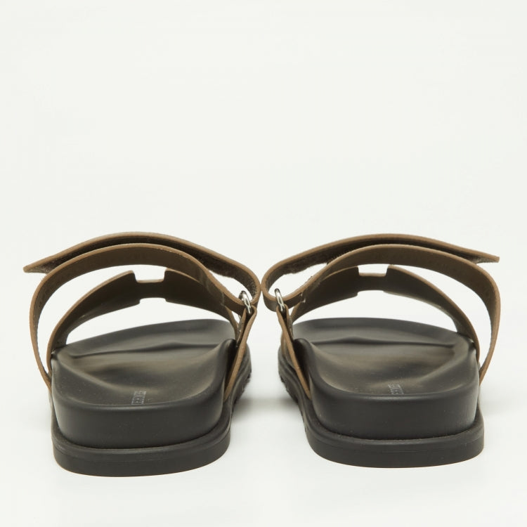 Hermes Brown Leather Chypre Velcro Strap Flat Sandals Size 41