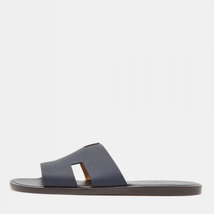 Hermès Navy Blue Leather Izmir Flat Slides Size 45