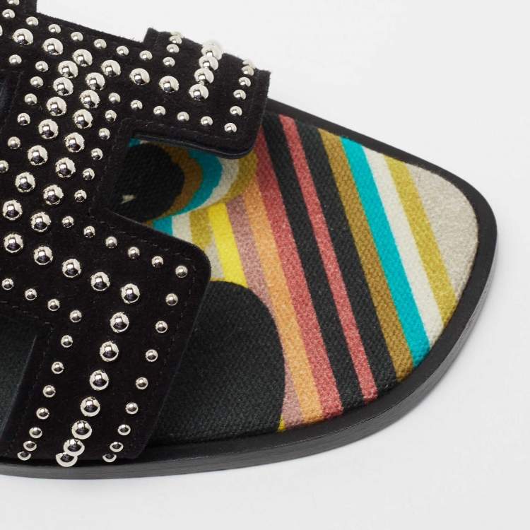 Hermes Black Suede Studded Oran Sandals Size 37.5