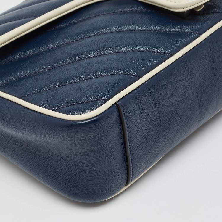 Gucci GG Marmont Torchon Small Navy Blue/White Diagonal Quilt Leather Shoulder Bag