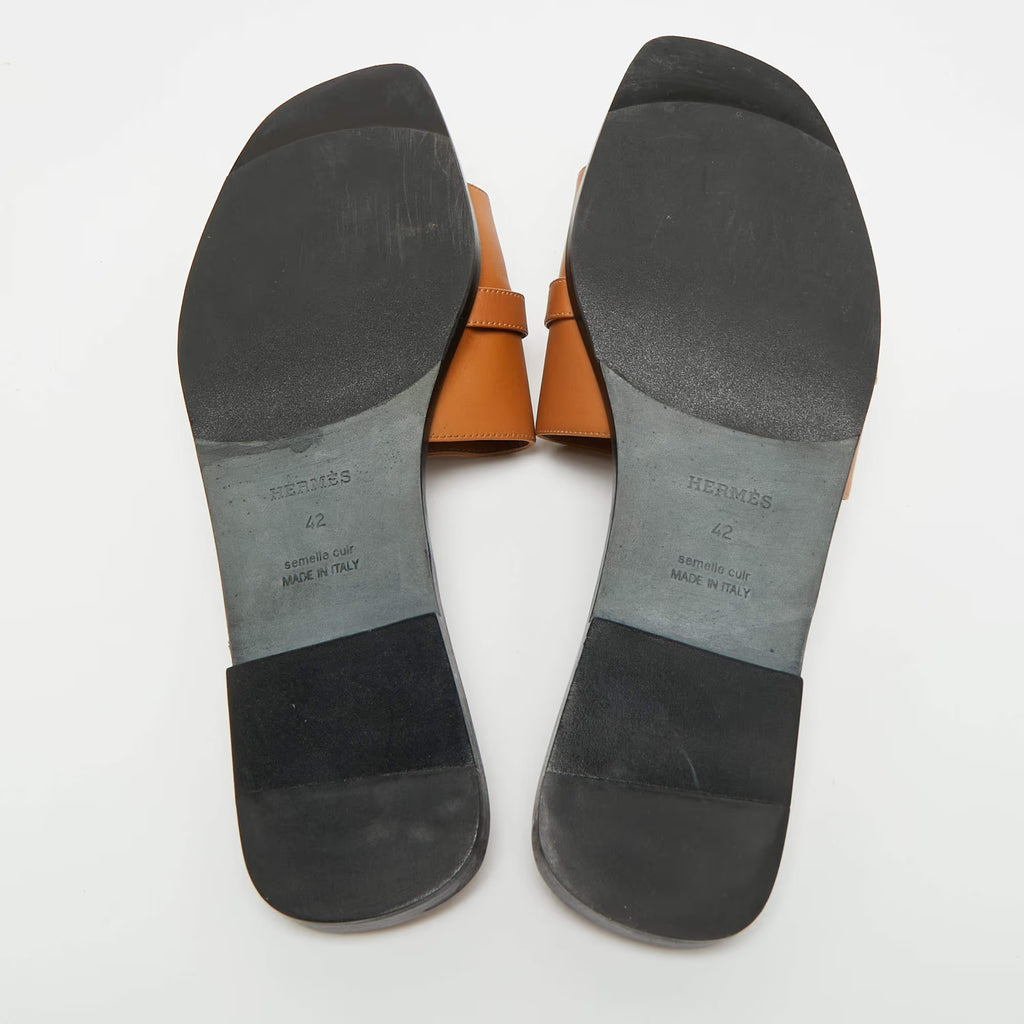 Hermes Giulia Size 42 Brown Leather Slide Flats