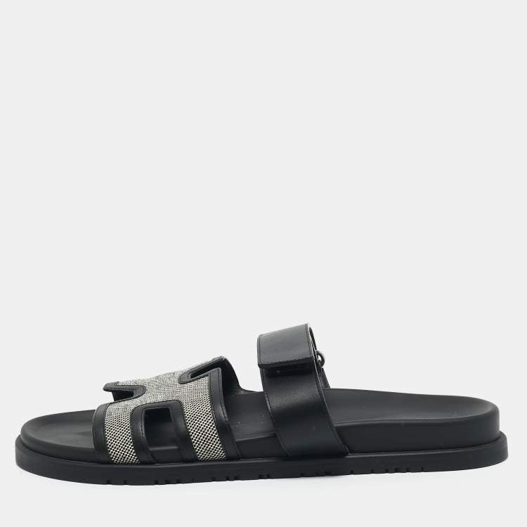 Hermes Black/White Leather and Canvas H Maxi Chypre Flat Sandals Size 41