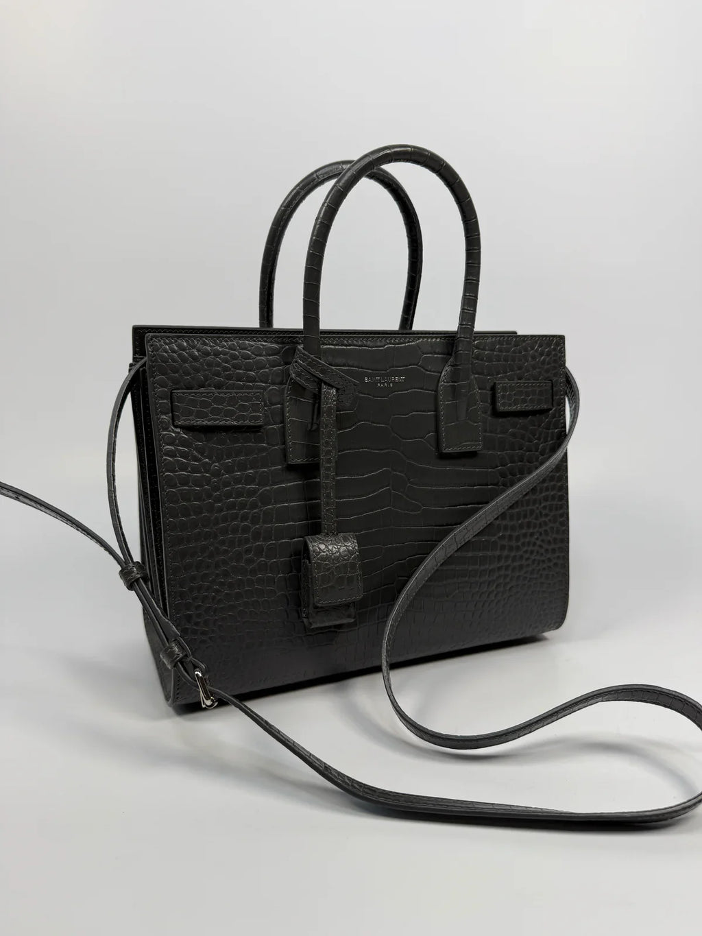 SAINT LAURENT SMALL SAC DE JOUR IN GREY CROC EMBOSSED LEATHER WITH SILVER HARDWARE