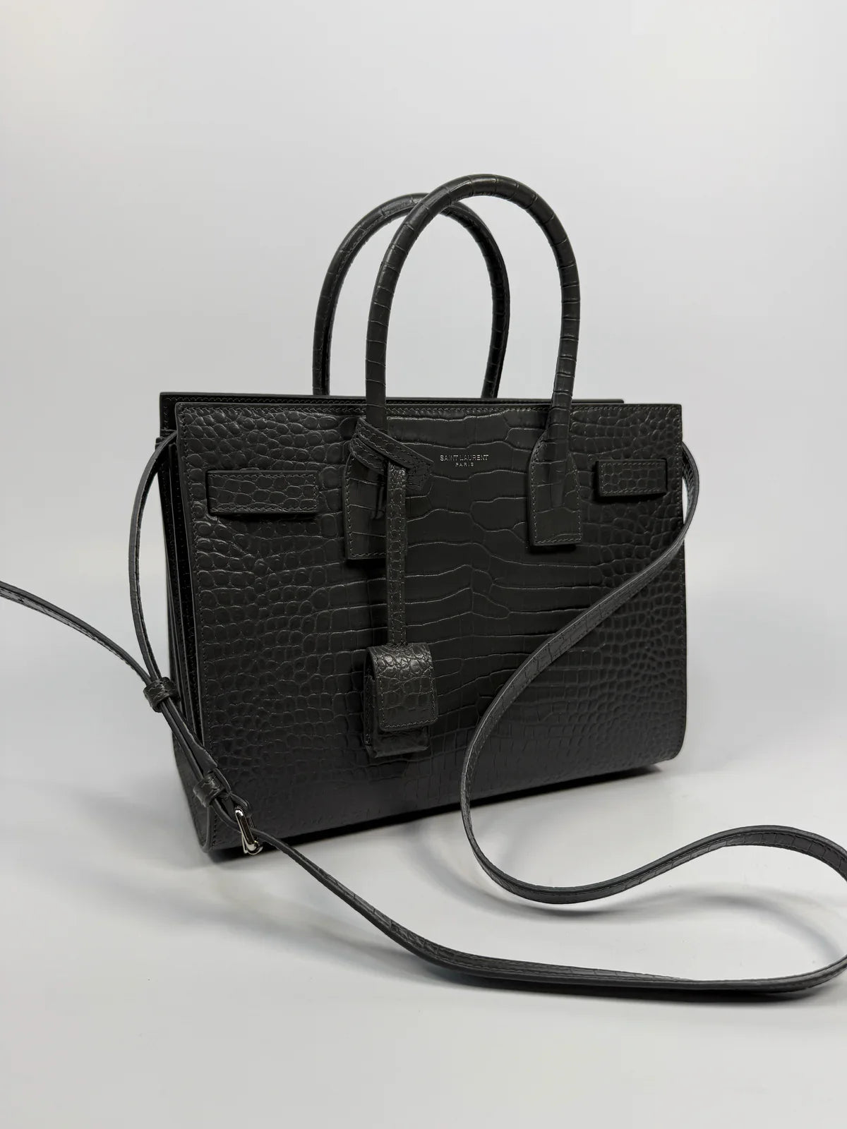 SAINT LAURENT SMALL SAC DE JOUR IN GREY CROC EMBOSSED LEATHER WITH SILVER HARDWARE