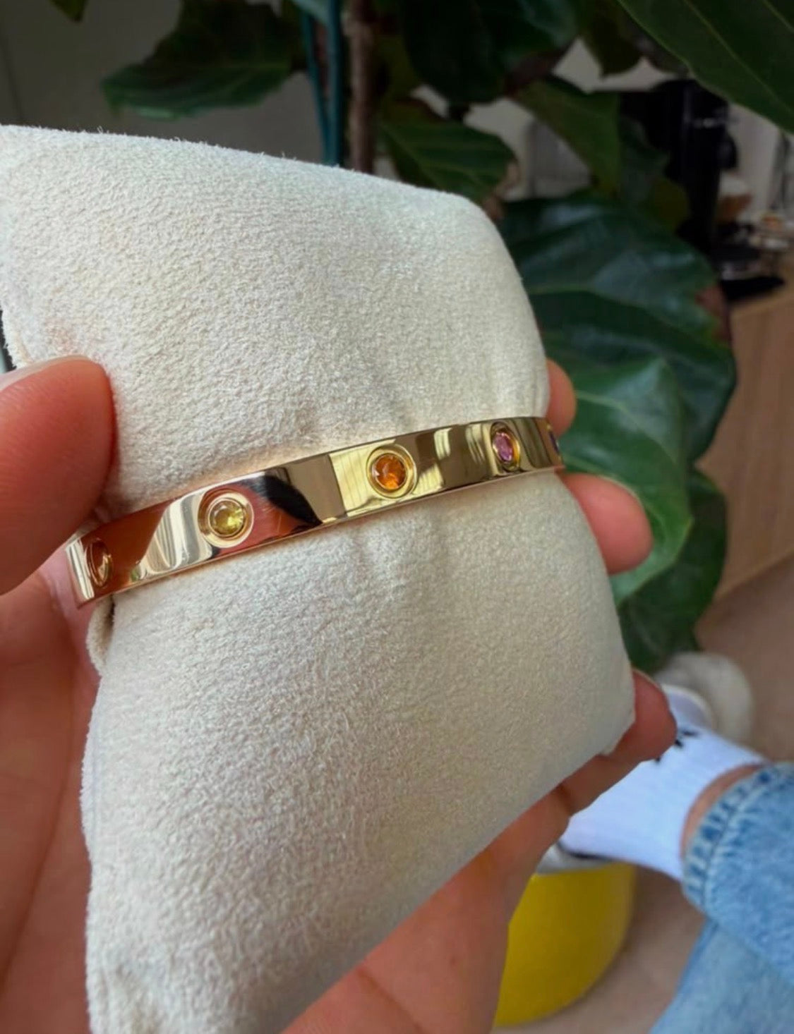 Cartier Love 18k Yellow Gold Multi Gemstone Bangle Bracelet Size 17