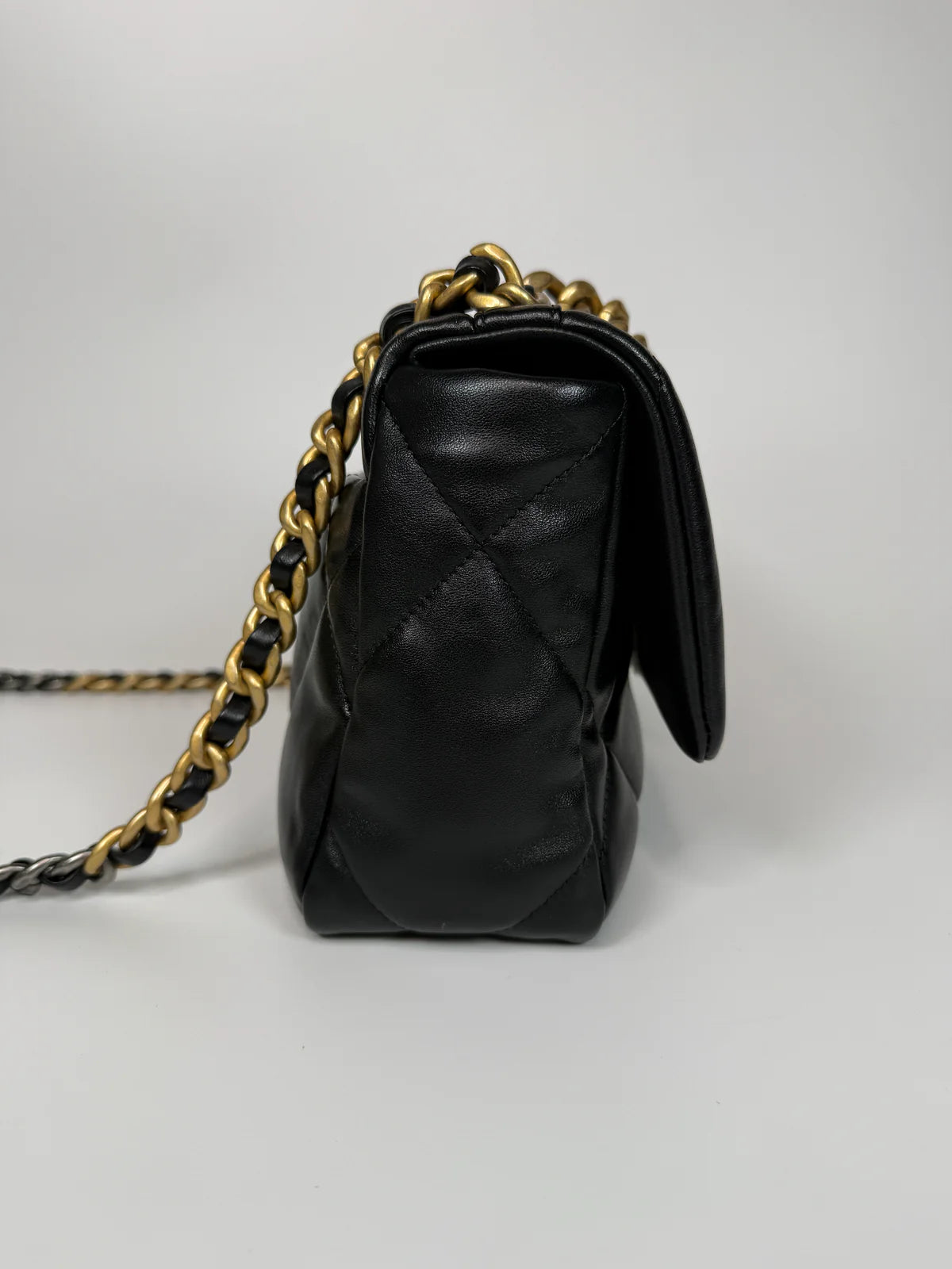 CHANEL 19 SMALL IN BLACK LAMBSKIN LEATHER WITH GOLD AND SILVER HARDWARE