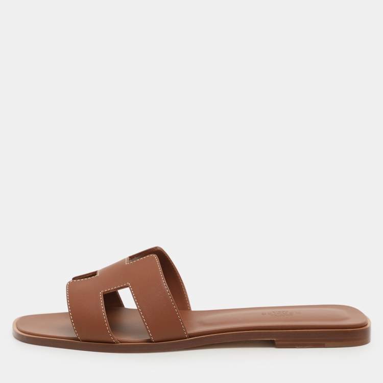 Hermes Gold Leather Oran Flat Sandals Size 40.5