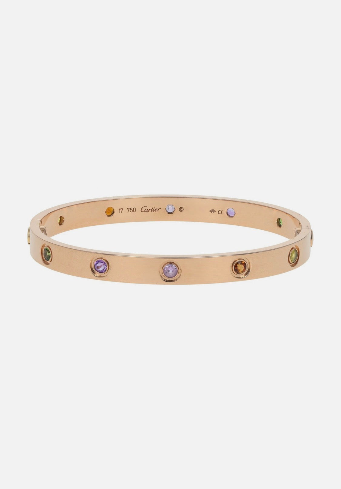 Cartier Love 18k Rose Gold Multi Gemstone Bangle Bracelet Size 17