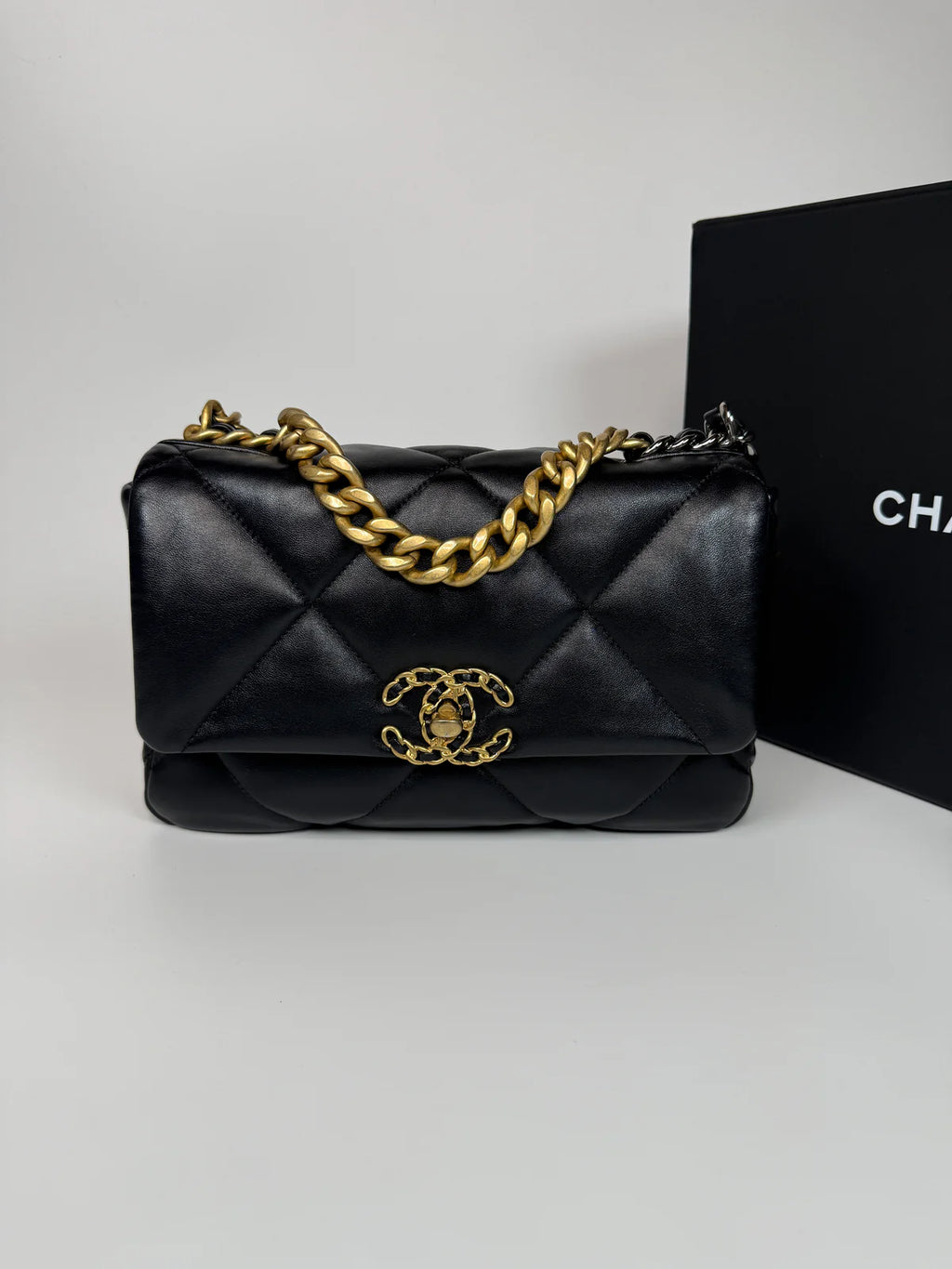 CHANEL 19 SMALL IN BLACK LAMBSKIN LEATHER WITH GOLD AND SILVER HARDWARE