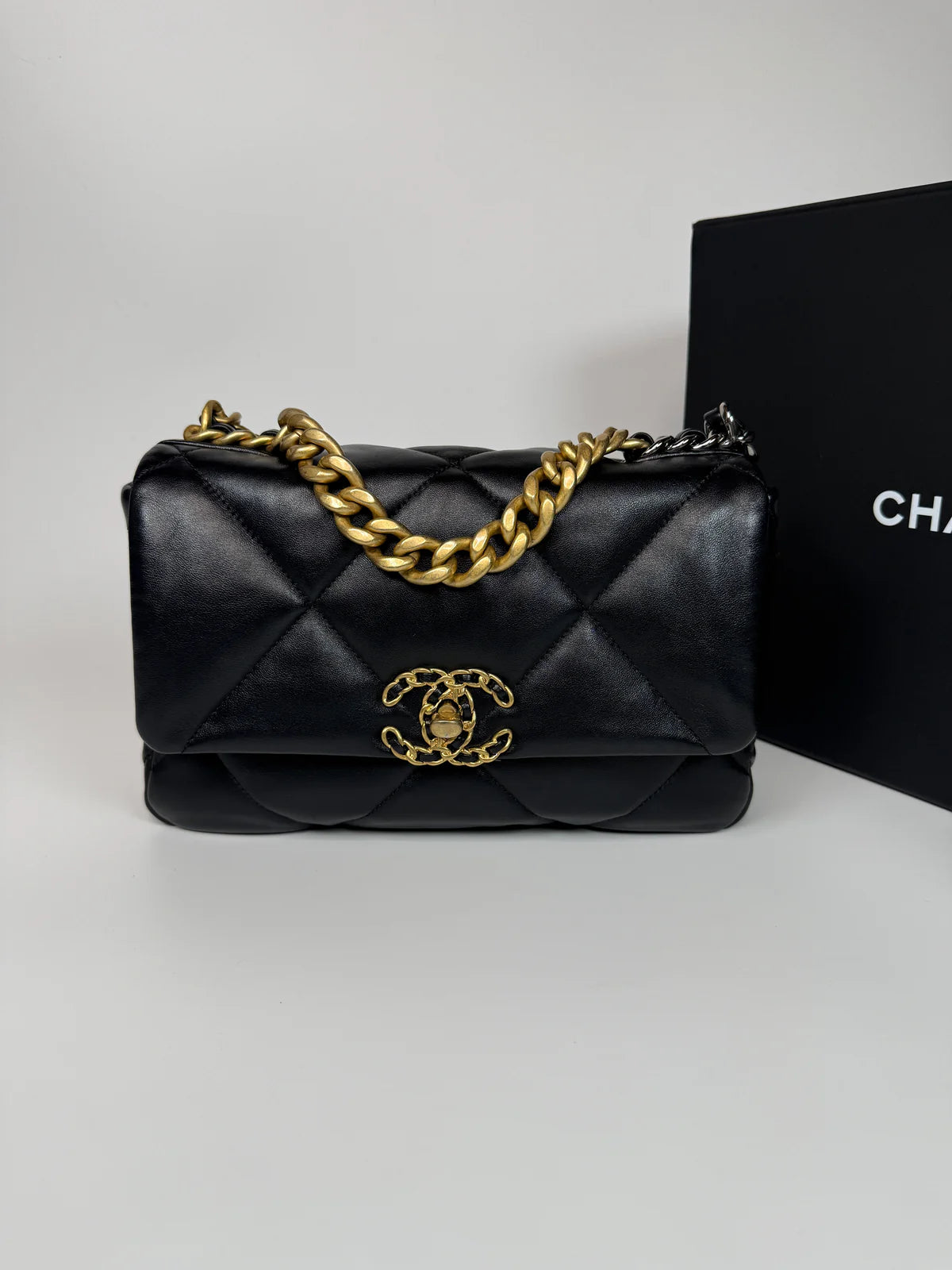 CHANEL 19 SMALL IN BLACK LAMBSKIN LEATHER WITH GOLD AND SILVER HARDWARE