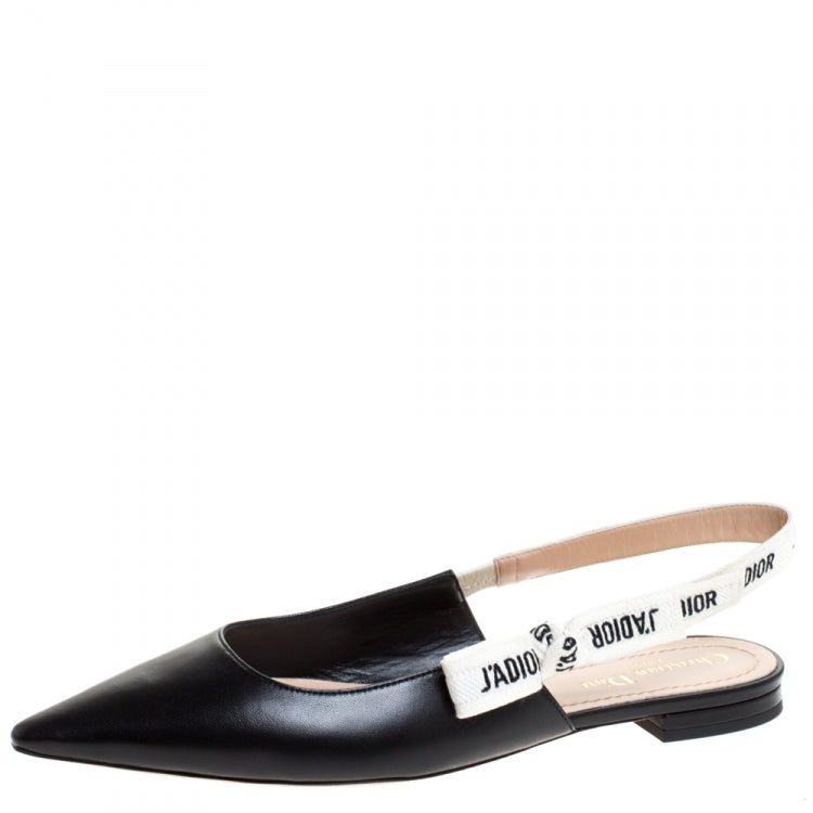 Dior Black Leather J'adior Ribbon Pointed Toe Slingback Flats Size 40.5