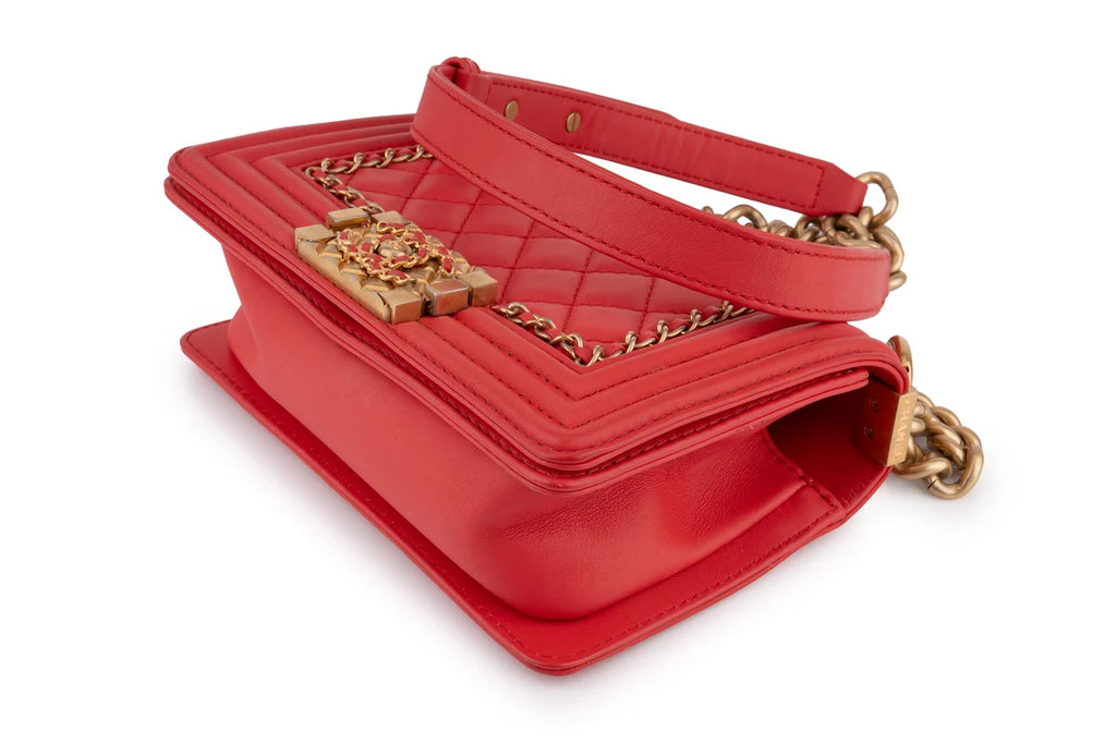 Chanel Quilted Chain Around Small Boy Lamskin Watermelon Red GHW