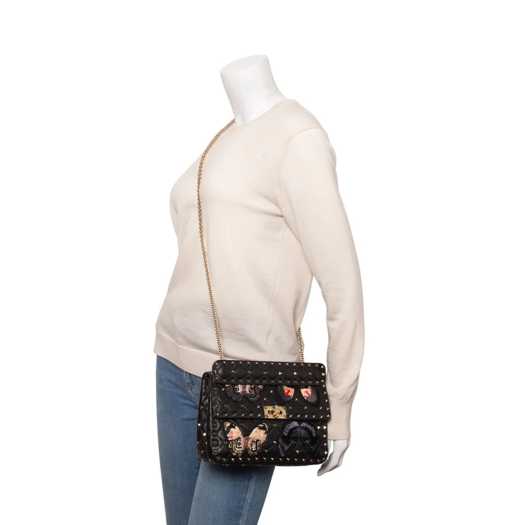 Valentino 2020 Black Nappa Leather Medium Rockstud Butterfly Embroidered Spike Shoulder Bag