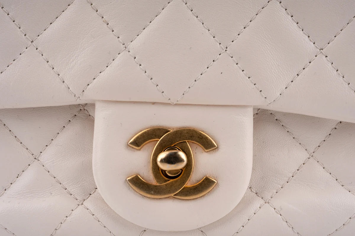 Chanel Quilted Pearl Crush Mini Square Flap Bag Lambskin White GHW