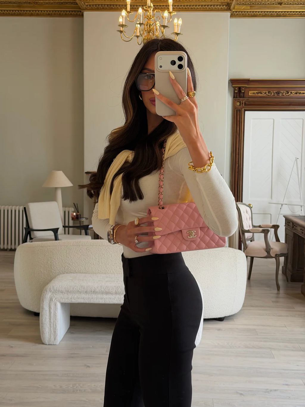 CHANEL SMALL CLASSIC DOUBLE FLAP IN PINK CAVIAR LEATHER WITH GOLD HARDWARE