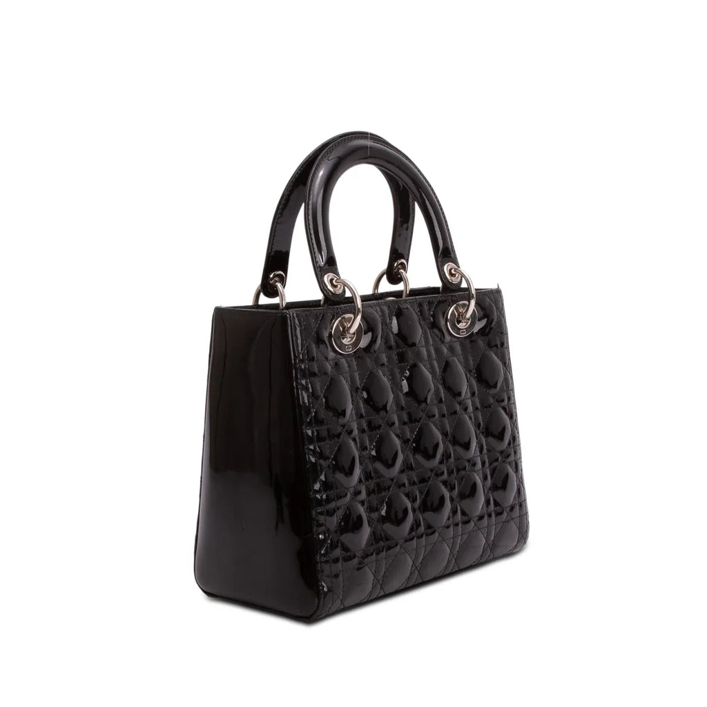 Christian Dior Black Cannage Patent Leather Medium Lady Dior Bag