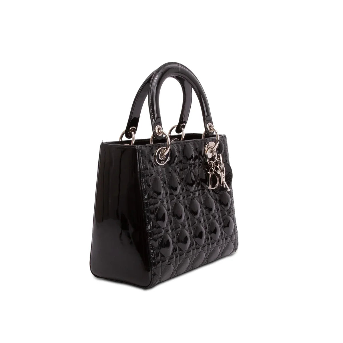 Christian Dior Black Cannage Patent Leather Medium Lady Dior Bag