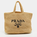 Prada Natural Raffia Logo Shopper Tote