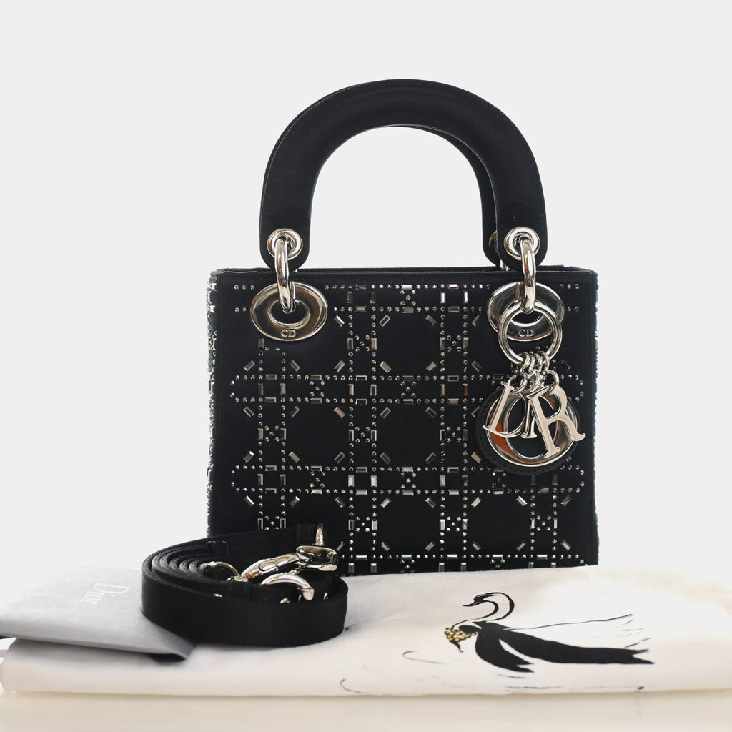 Christian Dior Mini Lady Dior Black Strass Satin Top Handle Bag