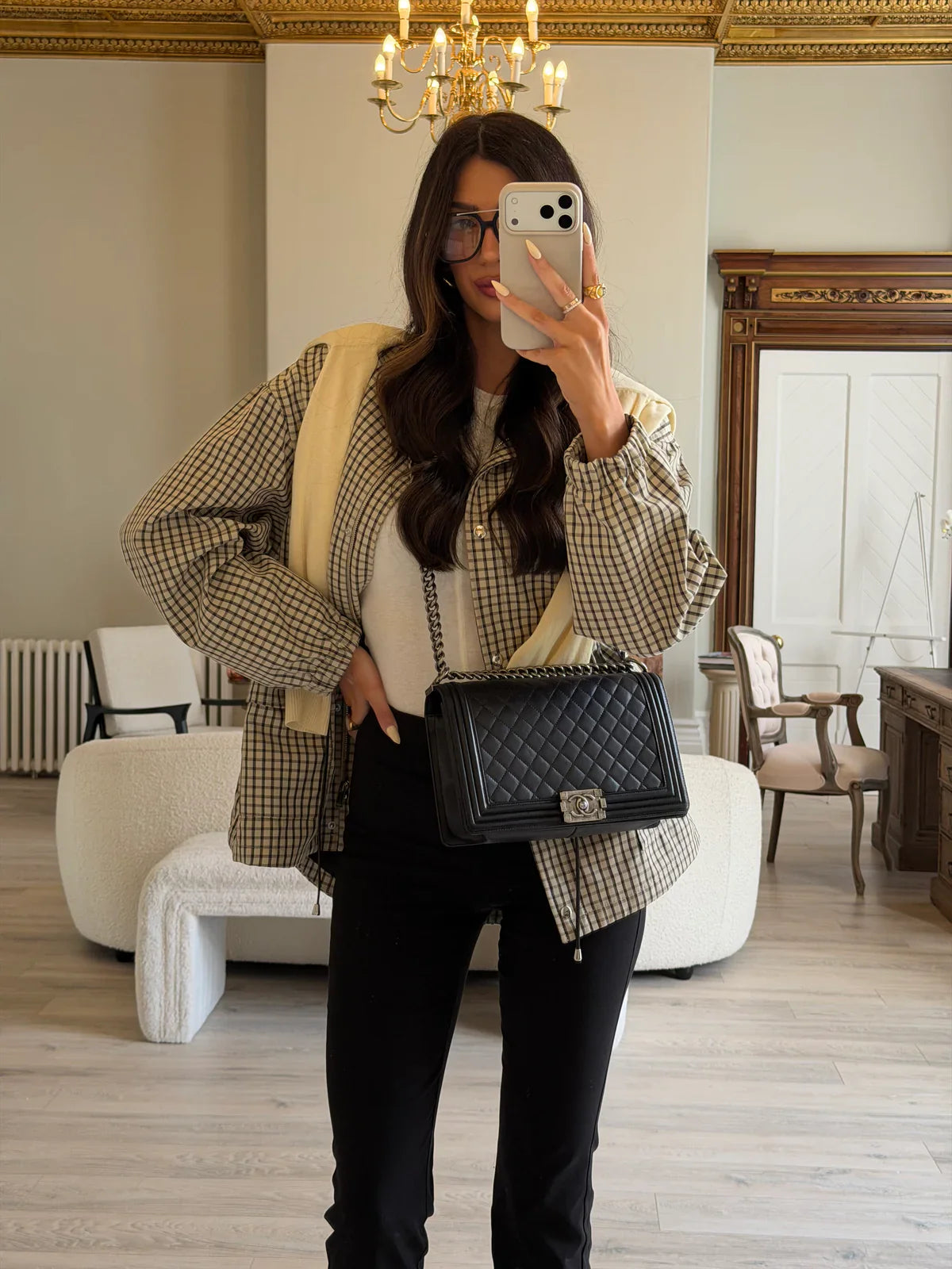 CHANEL BLACK LAMBSKIN LEATHER LARGE BOY BAG WITH RHW