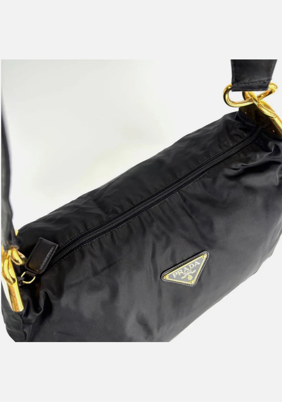 Prada Triangle Hobo Shoulder Bag Nylon Leather Black