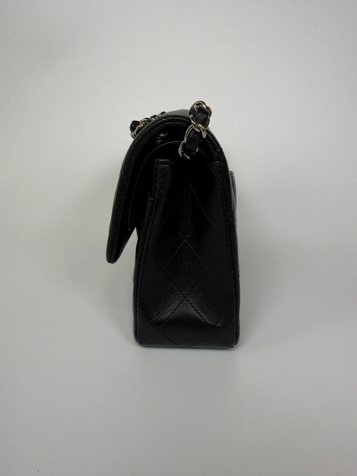 CHANEL SMALL CLASSIC DOUBLE FLAP IN BLACK LAMBSKIN LEATHER WITH SILVER HARDWARE