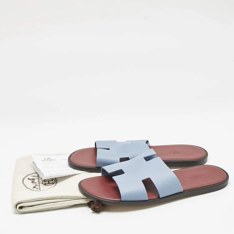 Hermes Blue Leather Izmir Flat Sandals Size 44.5