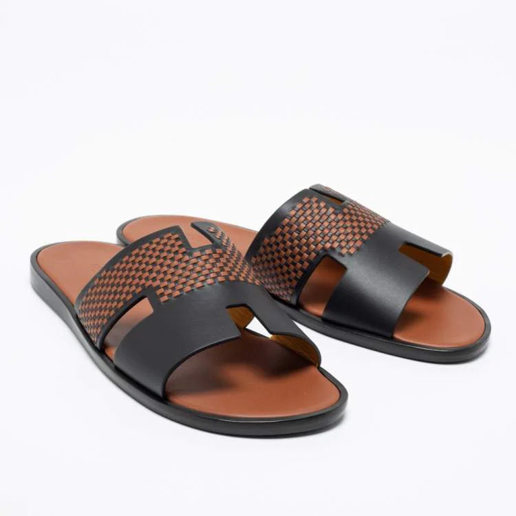 Hermes Black/Brown Leather Izmir Flat Sandals Size 44