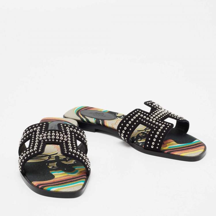 Hermes Black Suede Studded Oran Sandals Size 37.5