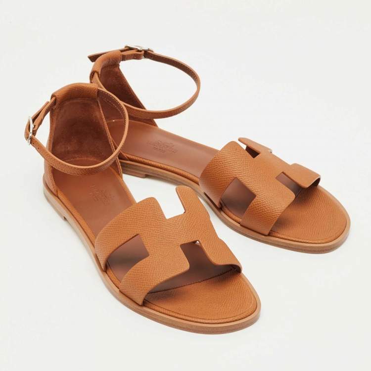 Hermes Brown Leather Santorini Ankle Strap Sandals Size 38