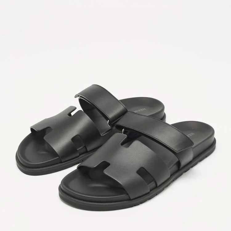Hermès Black Leather Chypre Sandals Size 43