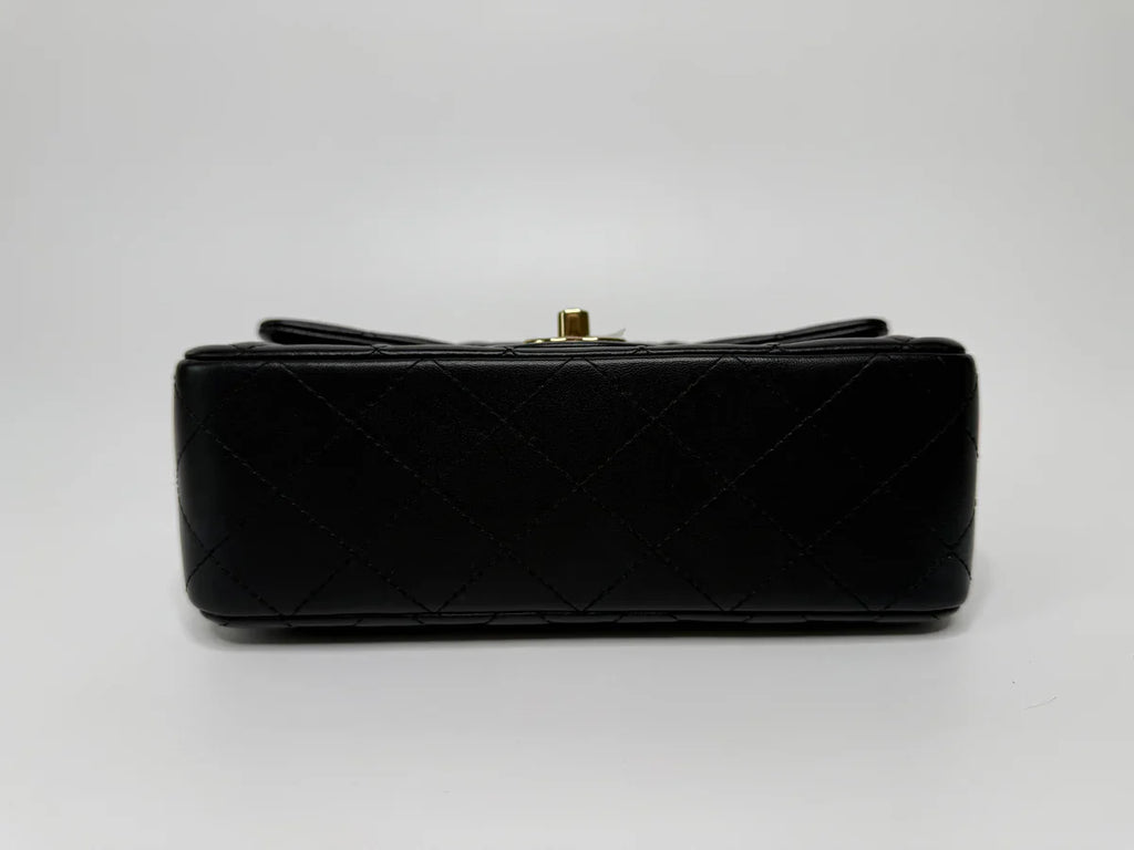 CHANEL MINI RECTANGLE TOP HANDLE FLAP BAG IN BLACK LAMBSKIN WITH PALE GOLD HARDWARE