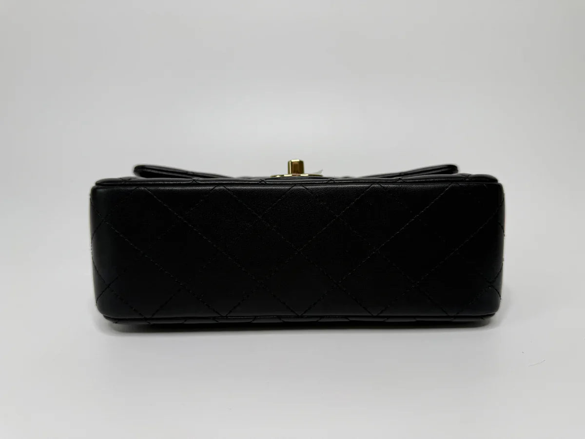 CHANEL MINI RECTANGLE TOP HANDLE FLAP BAG IN BLACK LAMBSKIN WITH PALE GOLD HARDWARE