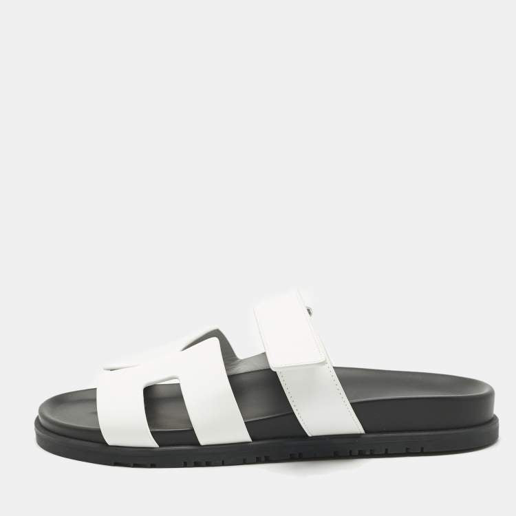 Hermes White Leather Chypre Slide Sandals Size 41