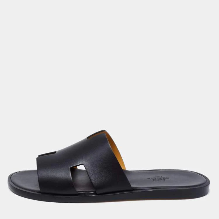 Hermes Black Leather Izmir Slide Sandals Size 40