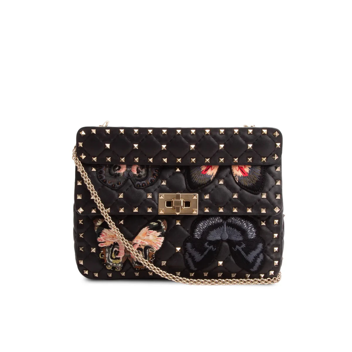 Valentino 2020 Black Nappa Leather Medium Rockstud Butterfly Embroidered Spike Shoulder Bag