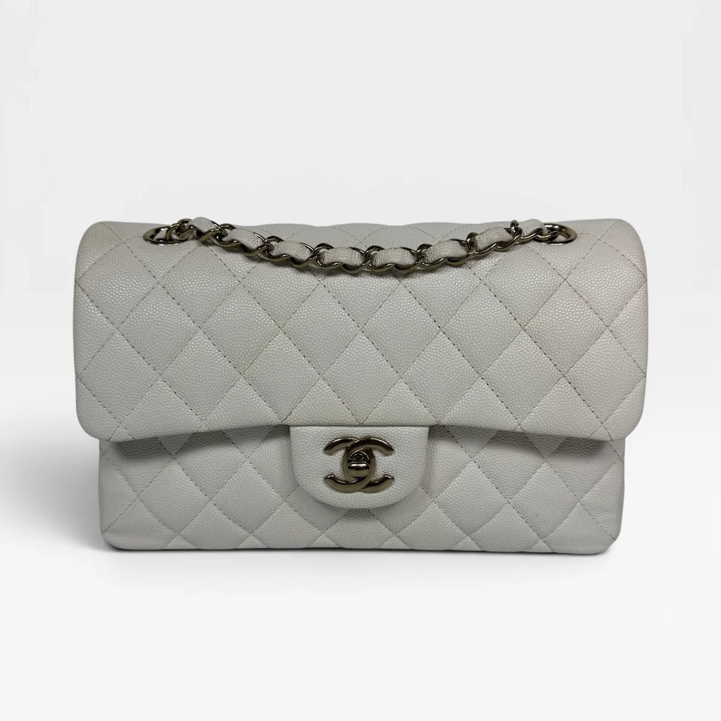 CHANEL SMALL CLASSIC DOUBLE FLAP IN WHITE CAVIAR LEATHER WITH GOLD HARDWARE