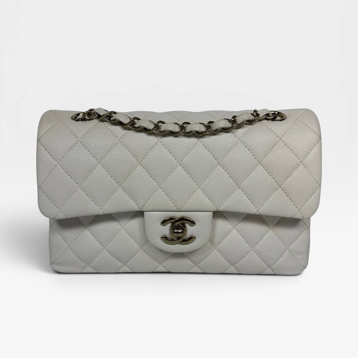 CHANEL SMALL CLASSIC DOUBLE FLAP IN WHITE CAVIAR LEATHER WITH GOLD HARDWARE